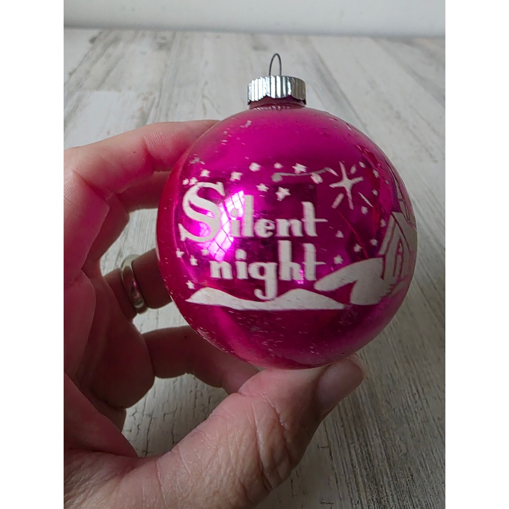 Vintage shiny brite silent night pink stencil church chapel glass ornament Xmas